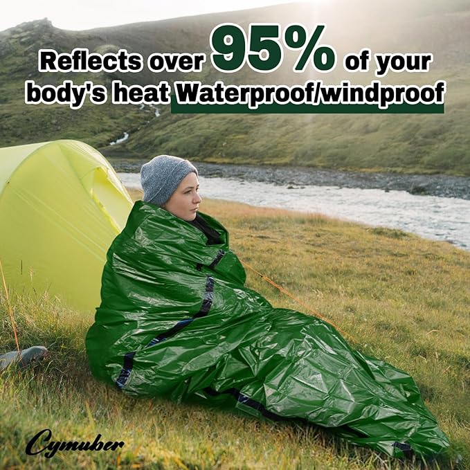 Emergency Sleeping Bag Survival Bag, Cymuber Portable Waterproof Thermal Bivy Sacks Tac Bivvy Bags,Camping Mylar Sleeping Bag Survival Gear Emergency Blankets Survival Shelter