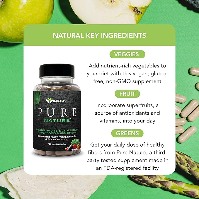 KaraMD Pure Nature | Greens, Fruits & Vegetables Whole Food Supplement | Vitamins, Fiber & Antioxidants | Support Energy & Digestion | Non-GMO, Gluten Free & Vegan Friendly | 3 Pack