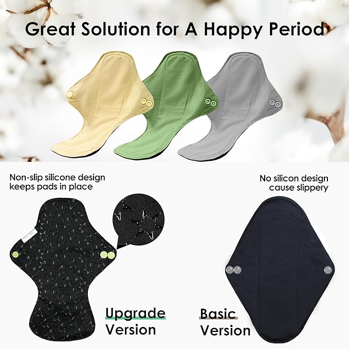 wegreeco 6 Pcs Reusable Menstrual Pads, Ultra Absorbent Cloth Pads for Heavy Flow, Sanitary for Teens, Women, Nonslip Panty Liners + Bag (Mustard Yellow, Grey, Beige, S)