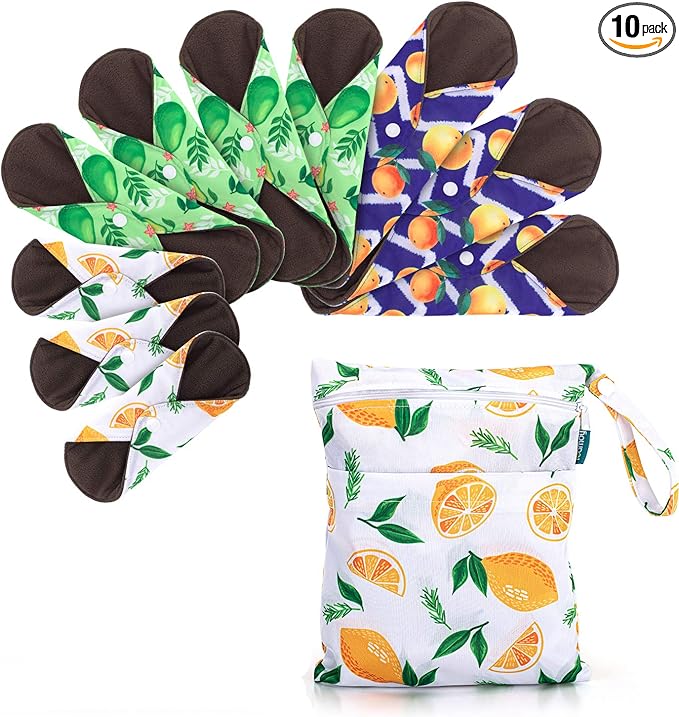 Teamoy 10pcs Cloth Panty Liners, Reusable Sanitary Pads with Wet Bag, Washable Cloth Menstrual Pads with Charcoal Absorbency Layers (Lemon Series, 3pcsx7.9+ 4pcsx10+ 3pcsx11.6)