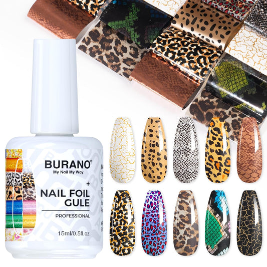 BURANO Nail Art Nail Foil Glue Gel, o.5 oz with 10PCS Foil Stickers Set Nail Foil Glue for Nails Foil Transfer Gel, Nail Design DIY UV LED Lamp Required (Animal Foil 06)
