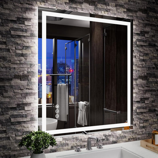 Amorho LED Mirror for Bathroom 28"x 32" with Front Light and Backlit, Stepless Dimmable, Shatter-Proof, Memory, 3 Colors, Wall Mount (Horizontal/Vertical)