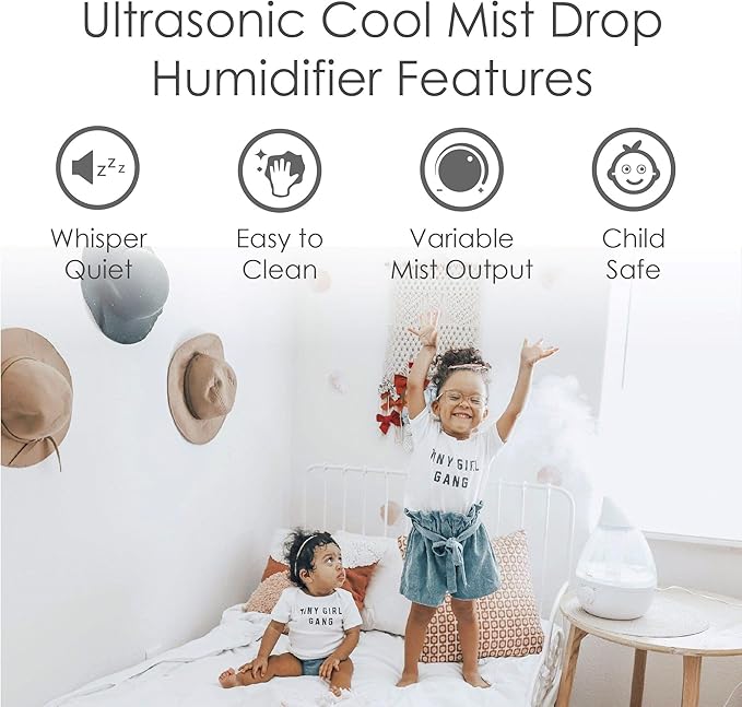 Crane White Teardrop Ultrasonic Cool Mist Humidifier, 1 Gallon Auto Shut-Off for Large Room, Baby Nursery, Bedroom Office, Clear & White