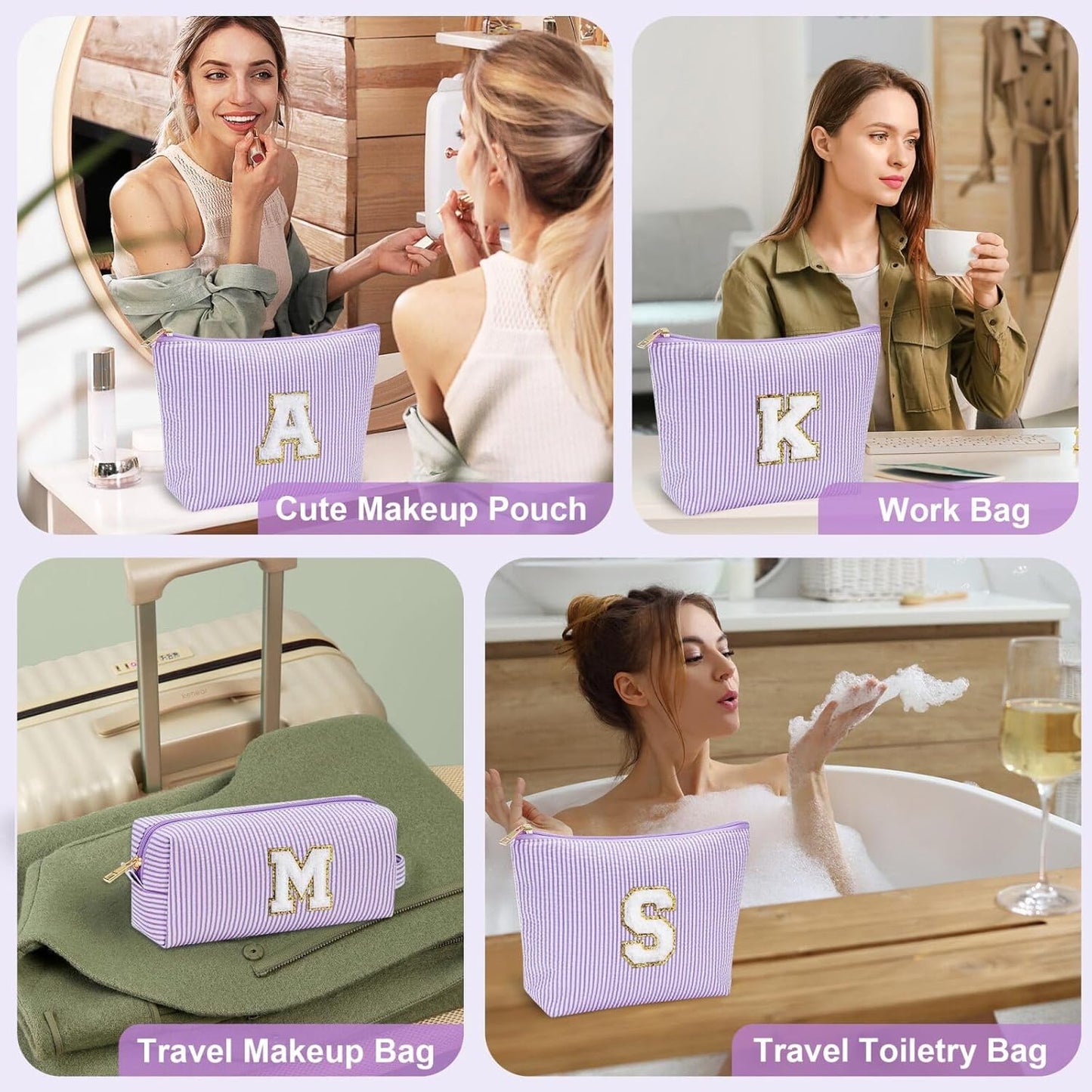 YOOLIFE Personalized Cute Purple Initial Cosmetic Makeup Pouch - Make Up Toiletry Bag for Her Mom Teacher Friend Girlfriend Wife Birthday Gifts