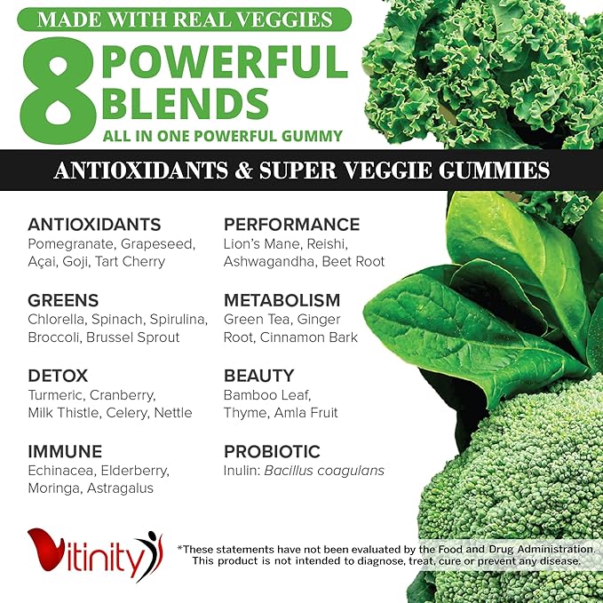 Made with Real Super Veggies Delicious Gummy Supplement,Men,Women & Kids(60 Chews),30 Veggies,Herbs,Fruit and Vegetable Vitamins,Non-GMO,Pectin-Based,Gluten-Free,No More Pills (30 Day Supply)