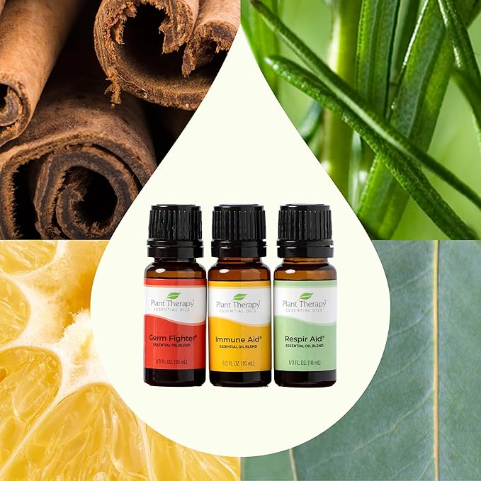 Plant Therapy Wellness Sampler Essential Oil Set – 100% Pure Undiluted Oils: Germ Fighter, Immune Aid & Respir Aid – Immune Support, Respiratory Relief & Seasonal Wellness, 3-Pack