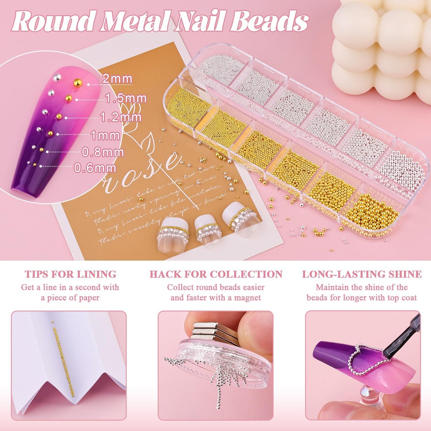 Metal 3D Flowers, Glass Rhinestones, Flatback Pearls, Caviar Beads for Nail Art - Multi Shapes Gems, Blossom Pearl Charms, Glue Gel for Manicure Decor