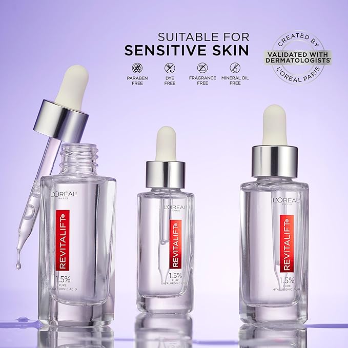 L'Oreal Paris Revitalift 1.5% Pure Hyaluronic Acid Face Serum, Hydrate & Reduce Wrinkles, Fragrance Free 1.7 oz