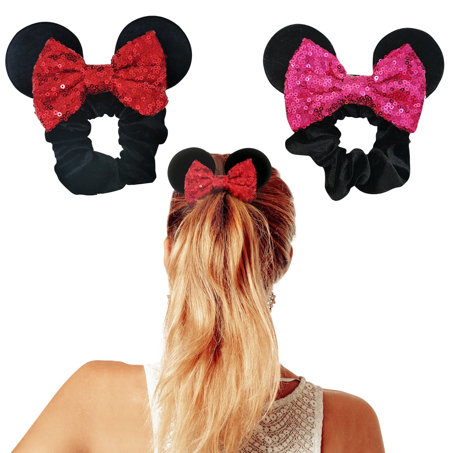 Styla Hair 2pk Mouse Ear Scrunchies, Hot Pink Solid Red - Velvet Hair Bow Scrunchies for Women with Sparkle Sequins, Mickey Mouse Ears for Pony Tail