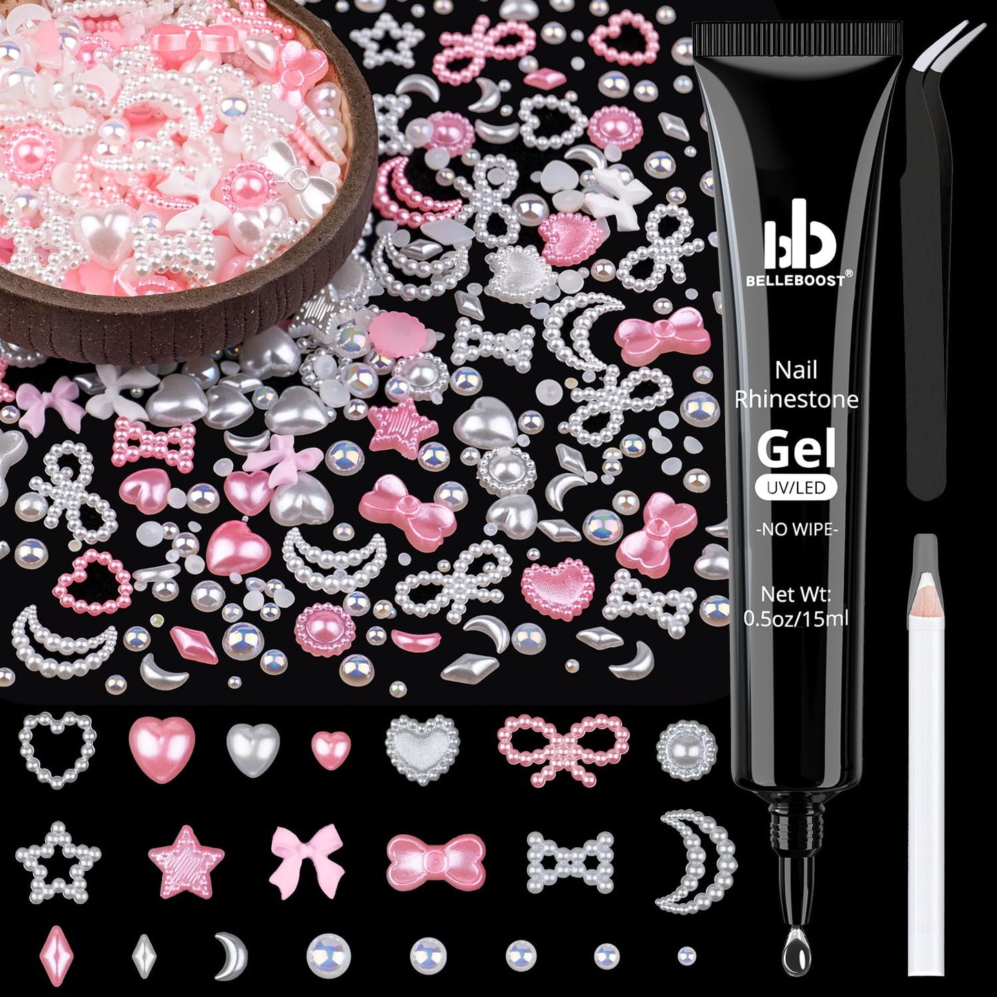 600Pcs 3D Multi Shapes Nail Charms and Flatback Pearls, Pink&White Mix Styles Heart Star Bow Sunflower Embellishments for Nail Art, Craft and Decoration with Glue Gel, Tweezer and Pickup Pencil