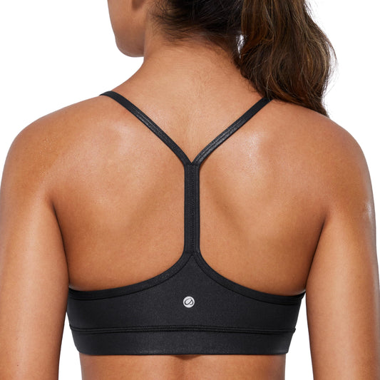 CRZ YOGA Butterluxe Womens Y Back Sports Bra - Padded Racerback Low impact Spaghetti Thin Strap Workout Yoga Bra Faux Leather Black X-Small