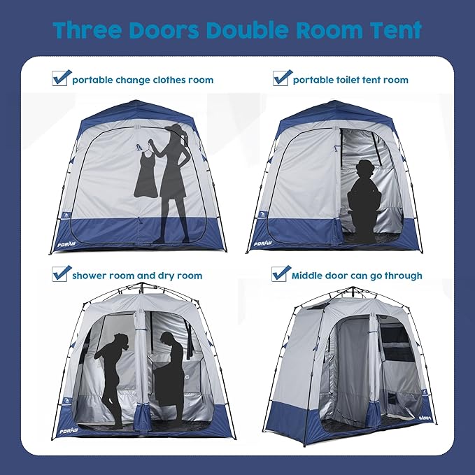 Camping Shower Tent Deluxe Changing Room Easy Set Up Privacy Shelter,Large Toilet Tent 2 Rooms with Floor Drain Design for Beach, Camping,Hiking with Stakes and Ropes for Stability