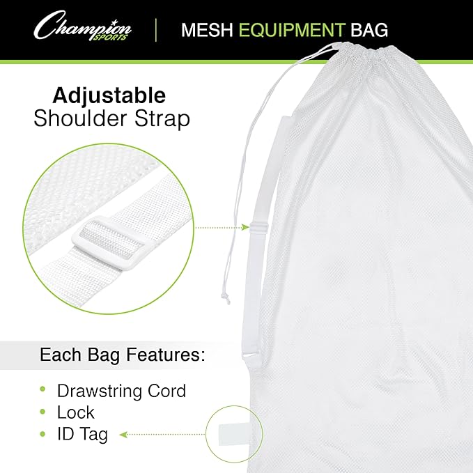 Champion Sports Mesh Equipment Bag – Heavy-Duty Nylon Drawstring Bag with Lock & ID Tag, Breathable Storage Sack for Balls, Swim Gear, Laundry & Toys, Multiple Sizes & Colors