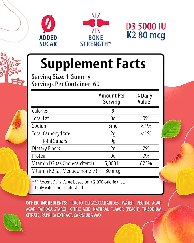 SUNNY SAM Vitamin D3 K2 Gummies 5000 IU - Immune & Bone Support - Sugar-Free & Zinc Gummies for Kids & Adults