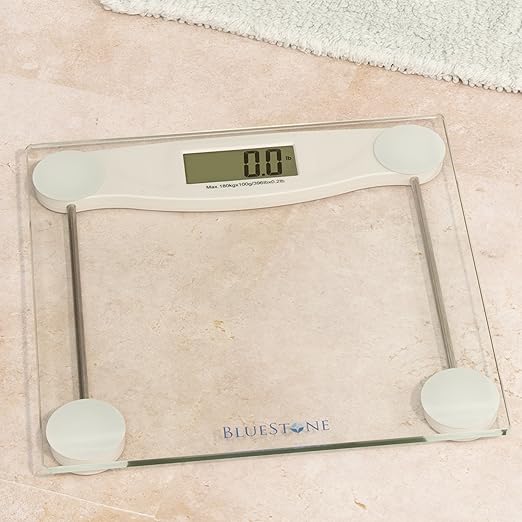Digital Body Weight Bathroom Scale - Step-On Weighing Machine - Accurate Measurement - Large LCD Display with Clear Glass Base by Bluestone