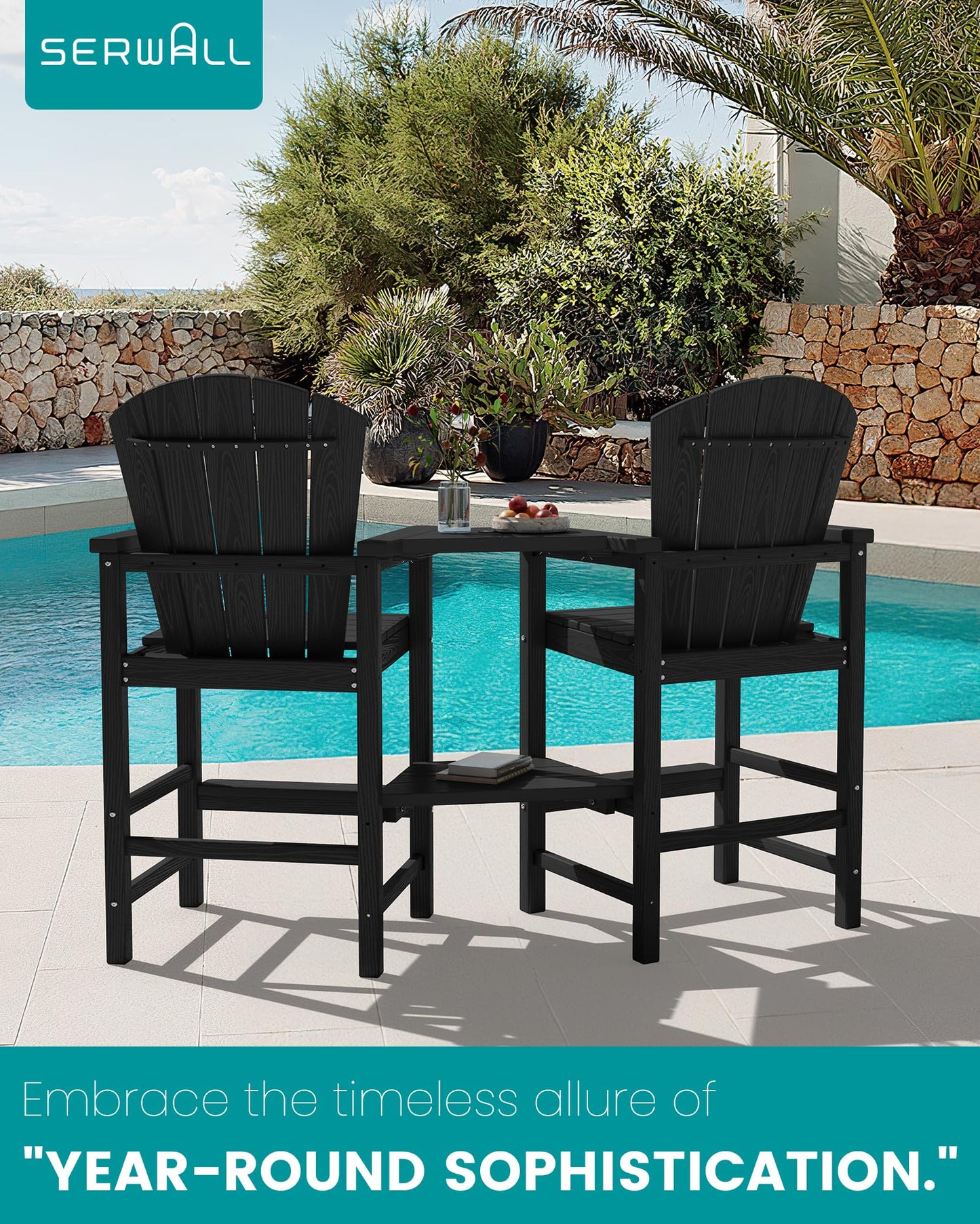 SERWALL Tall Adirondack Chairs Set of 4 with Double Layer Connecting Tray, HDPE Bar Height Outdoor Chairs, Wood-Like Adirondack Bar Stools for Patio, Balcony, Porch, Black