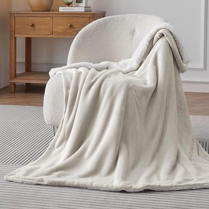 Bedsure Sherpa Fleece Throw Blanket Twin Size for Couch - Thick and Warm, Soft Fuzzy Plush Twin Blanket for Winter, Linen, 60x80 Inches
