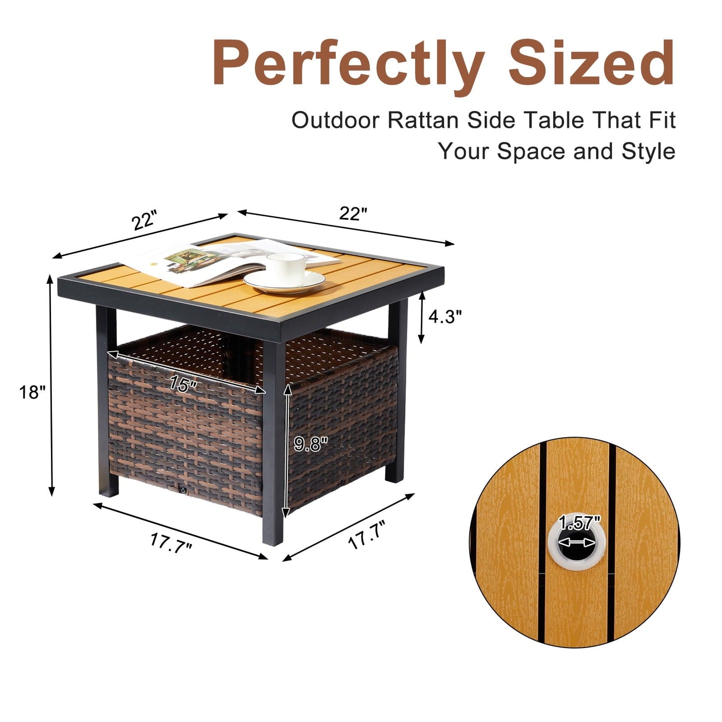 Funnil Patio Wicker Rattan Steel Side Table with Umbrella Hole, All-weather Use Rattan Coffee End Table for Deck, Porch, Garden, Indoor&Outdoor, Brown