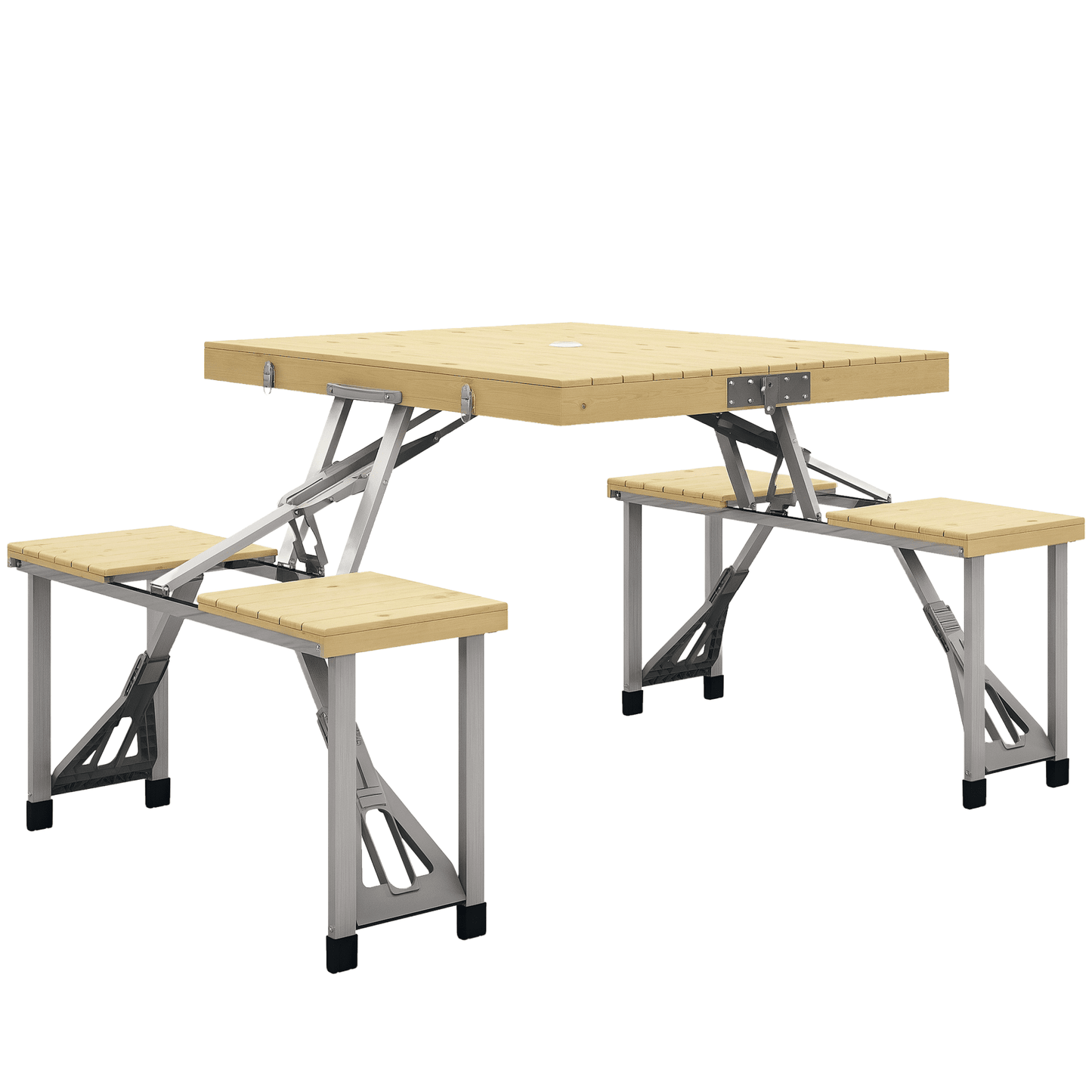 Outsunny Portable Folding Picnic Table with Built-in Umbrella Hole and Aluminum Frame, Includes 2 Foldable Wood Chairs for Patio, Yard & Beach