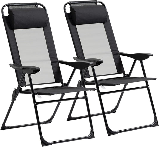 THTGCD Folding Patio Chairs Set of 2, Outdoor Deck Chair with Adjustable Sling Back, Camping Chair with Removable Headrest for Garden, Backyard, Lawn, Black
