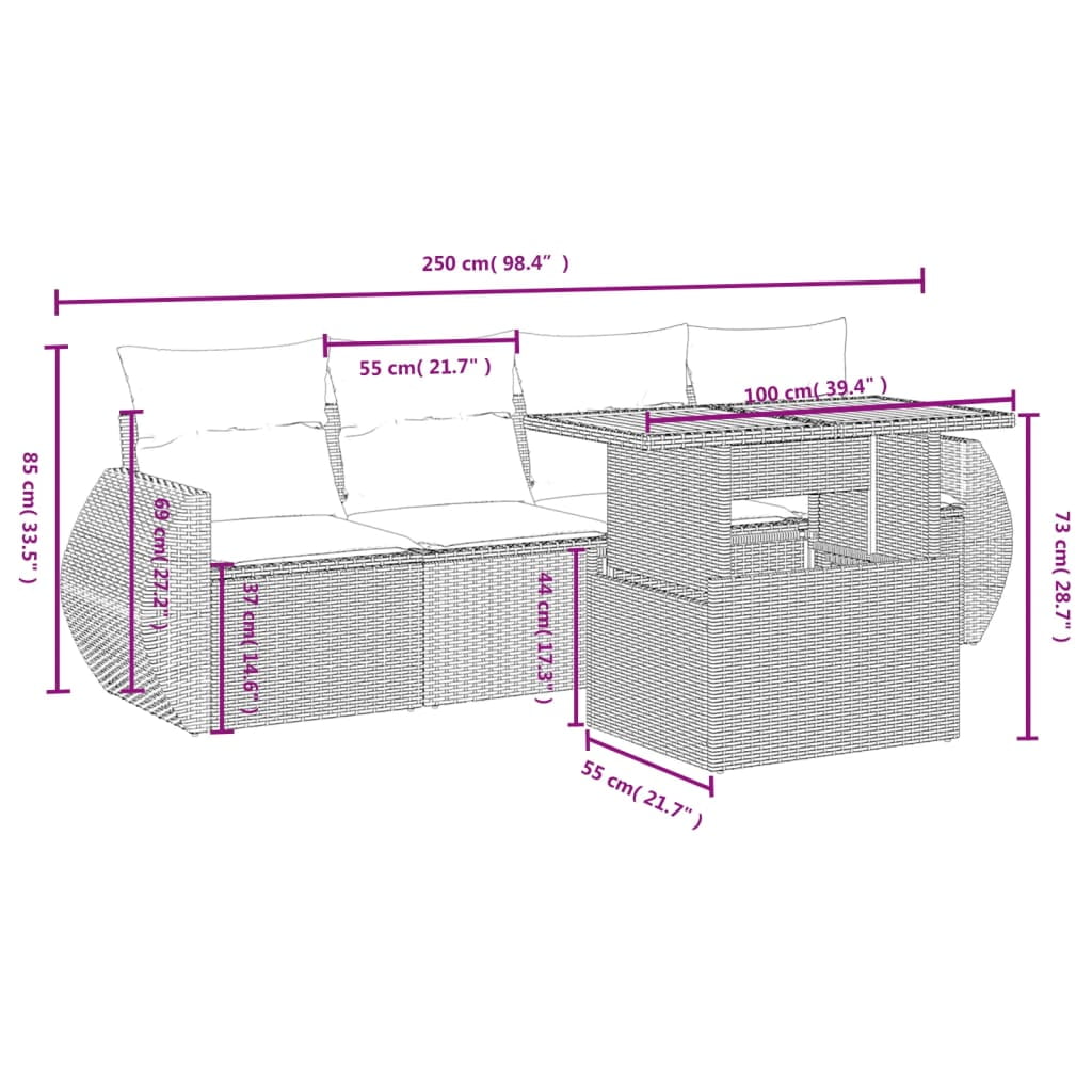 vidaXL Garden Sofa Set Grey PE Rattan Medium Adjustable Armrests