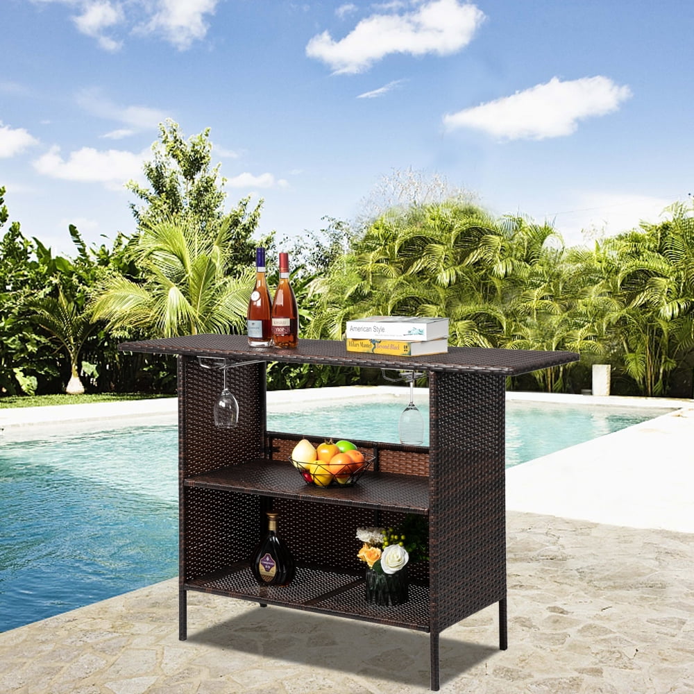 Funnil Patio Rattan Wicker Bar Height Counter Table, Outdoor Patio Furniture Wicker Bar Buffet Table, with 2 Storage Shelves and Wine Glass Racks, Brown
